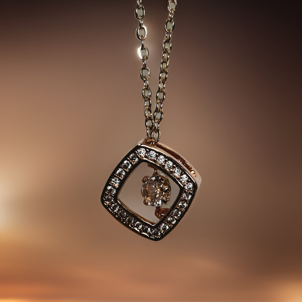 Rose Gold 18 Ct Zircon Square With Round Cut Floater Pendant Necklace 7$